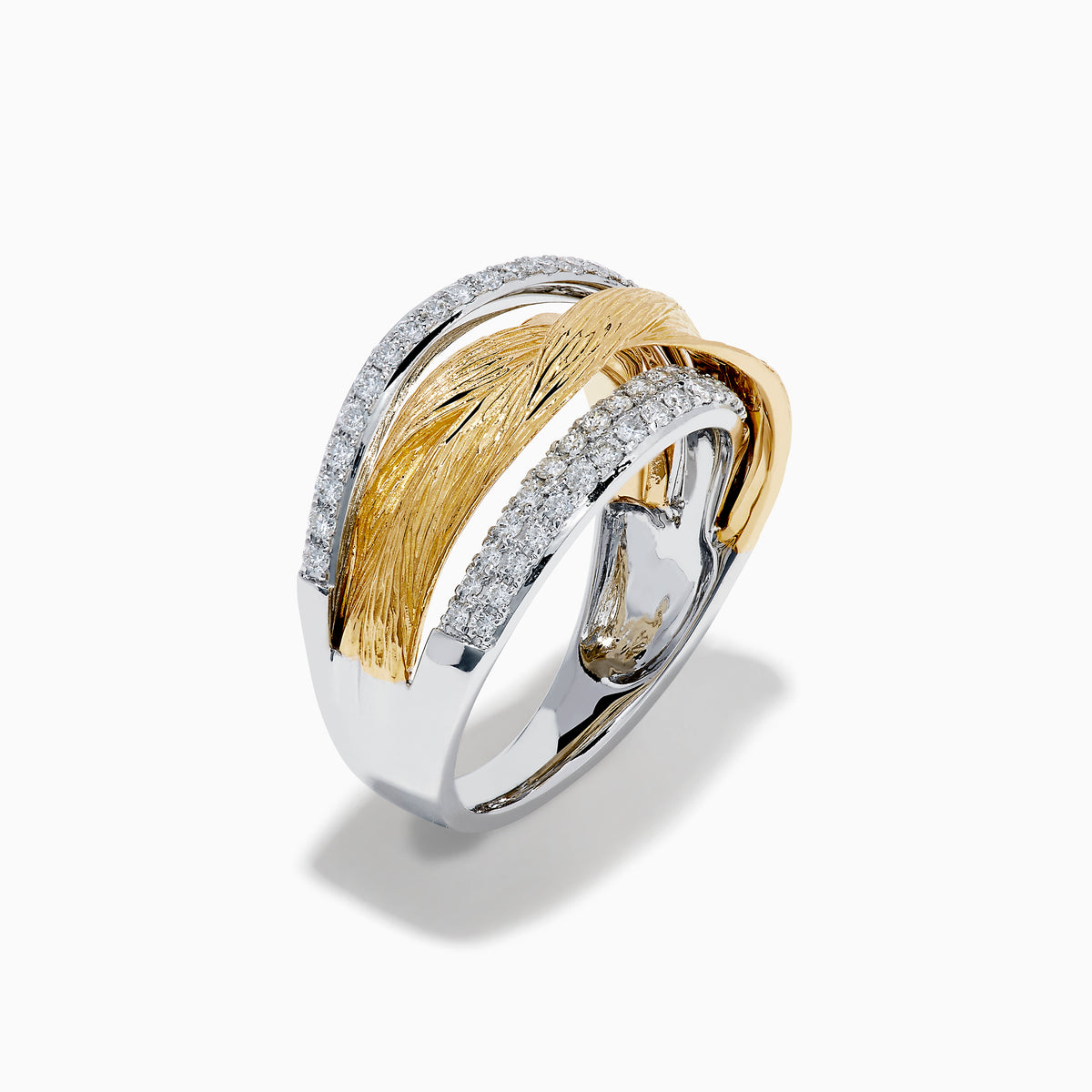 The 14K Two Tone Gold Diamond Textured Crossover Ring showcases three intertwined bands—two textured gold and two diamond-set silver—displayed on a white background.