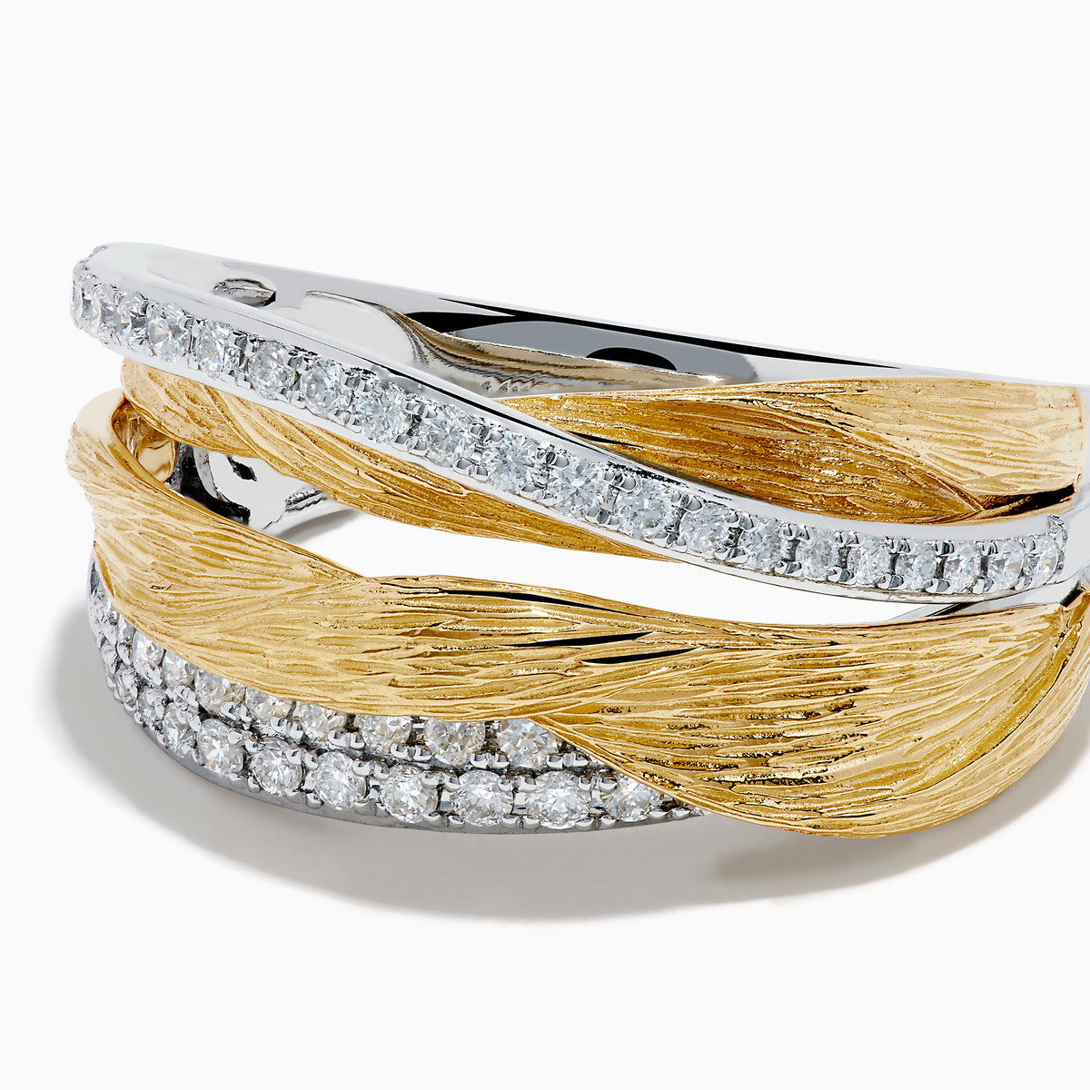 The 14K Two Tone Gold Diamond Textured Crossover Ring showcases three intertwined bands—two textured gold and two diamond-set silver—displayed on a white background.