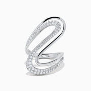 The 14K White Gold Diamond Open S-Curve Statement Ring showcases an elegant swirling open design with sparkling diamonds, displayed against a white background.