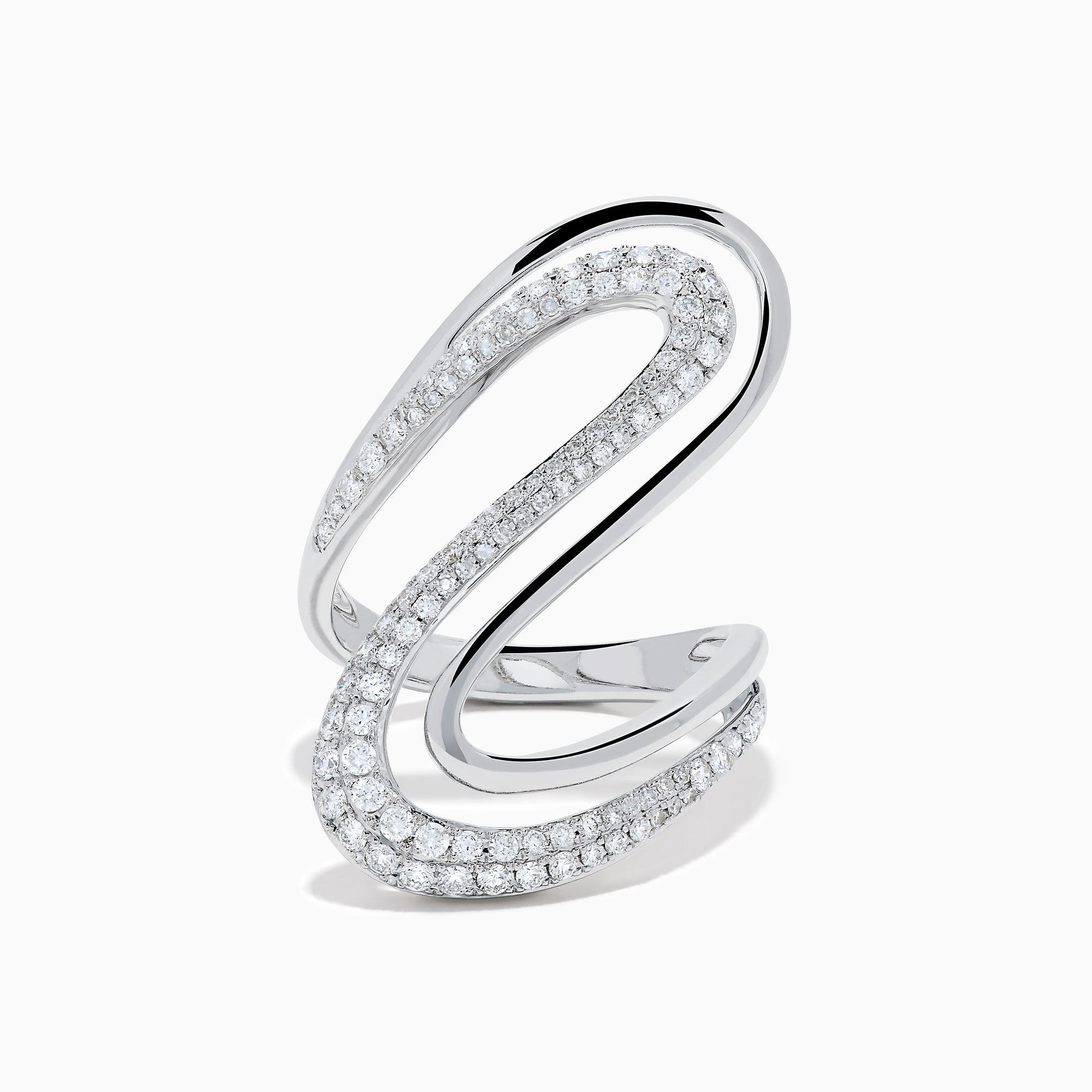 The 14K White Gold Diamond Open S-Curve Statement Ring showcases an elegant swirling open design with sparkling diamonds, displayed against a white background.