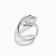 The 14K White Gold Diamond Open S-Curve Statement Ring showcases an elegant swirling open design with sparkling diamonds, displayed against a white background.
