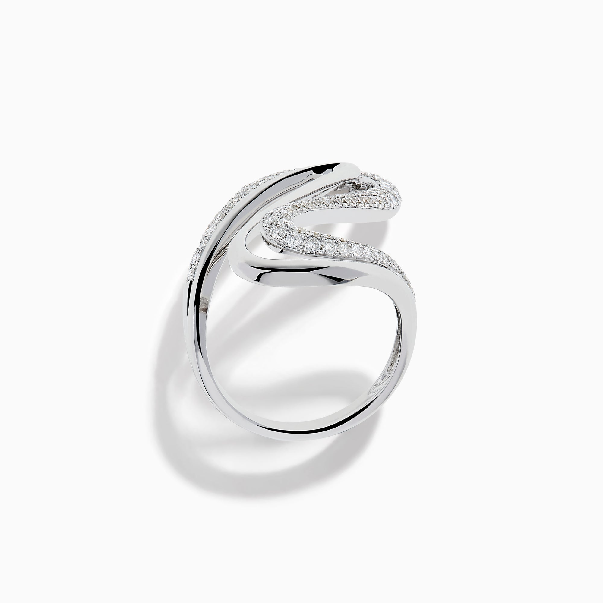 The 14K White Gold Diamond Open S-Curve Statement Ring showcases an elegant swirling open design with sparkling diamonds, displayed against a white background.