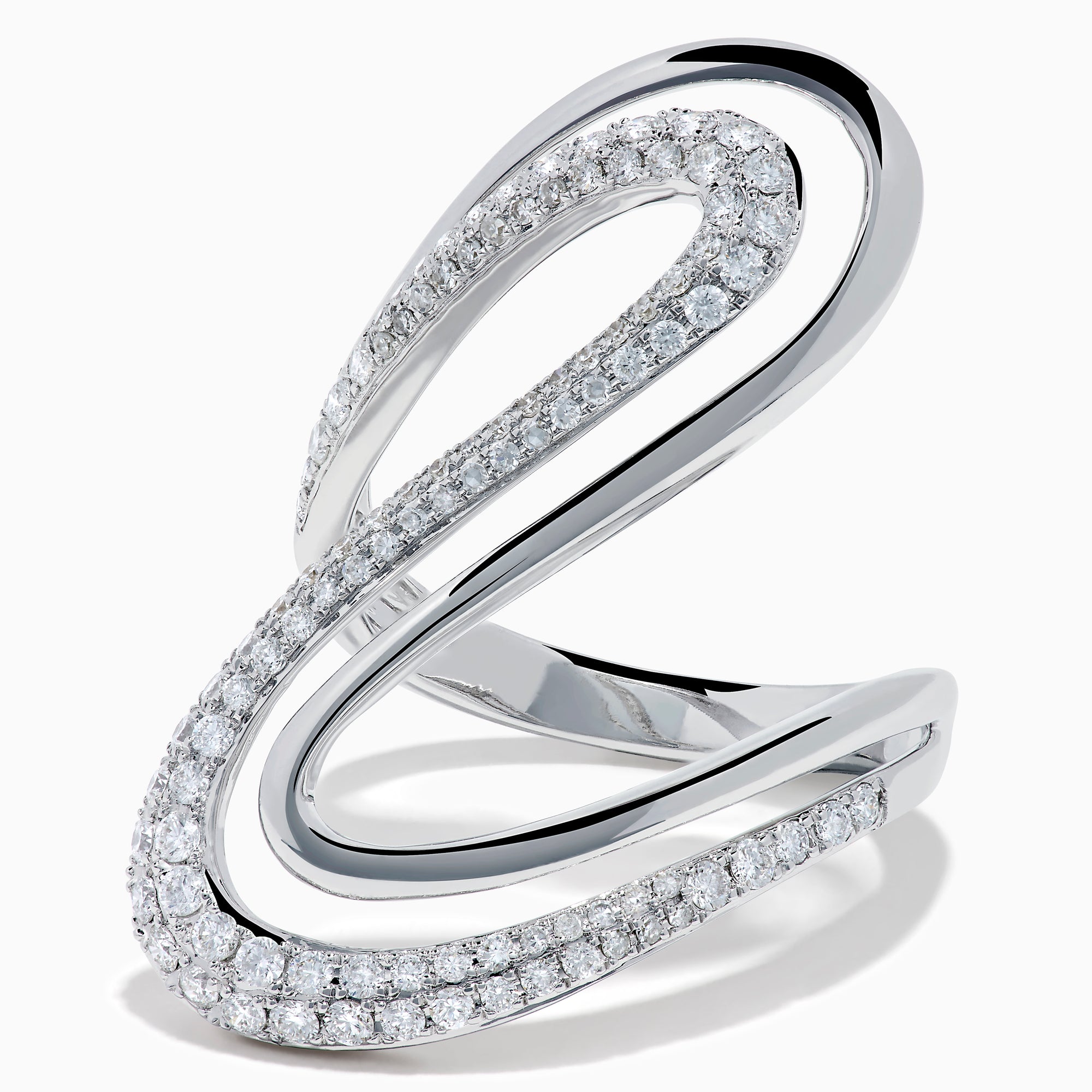 The 14K White Gold Diamond Open S-Curve Statement Ring showcases an elegant swirling open design with sparkling diamonds, displayed against a white background.