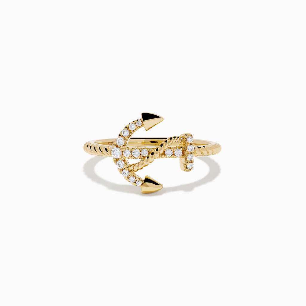 The 14K Yellow Gold Diamond East West Anchor Ring features sparkling diamonds in an east-west setting, crafted in yellow gold and showcased on a plain white background.