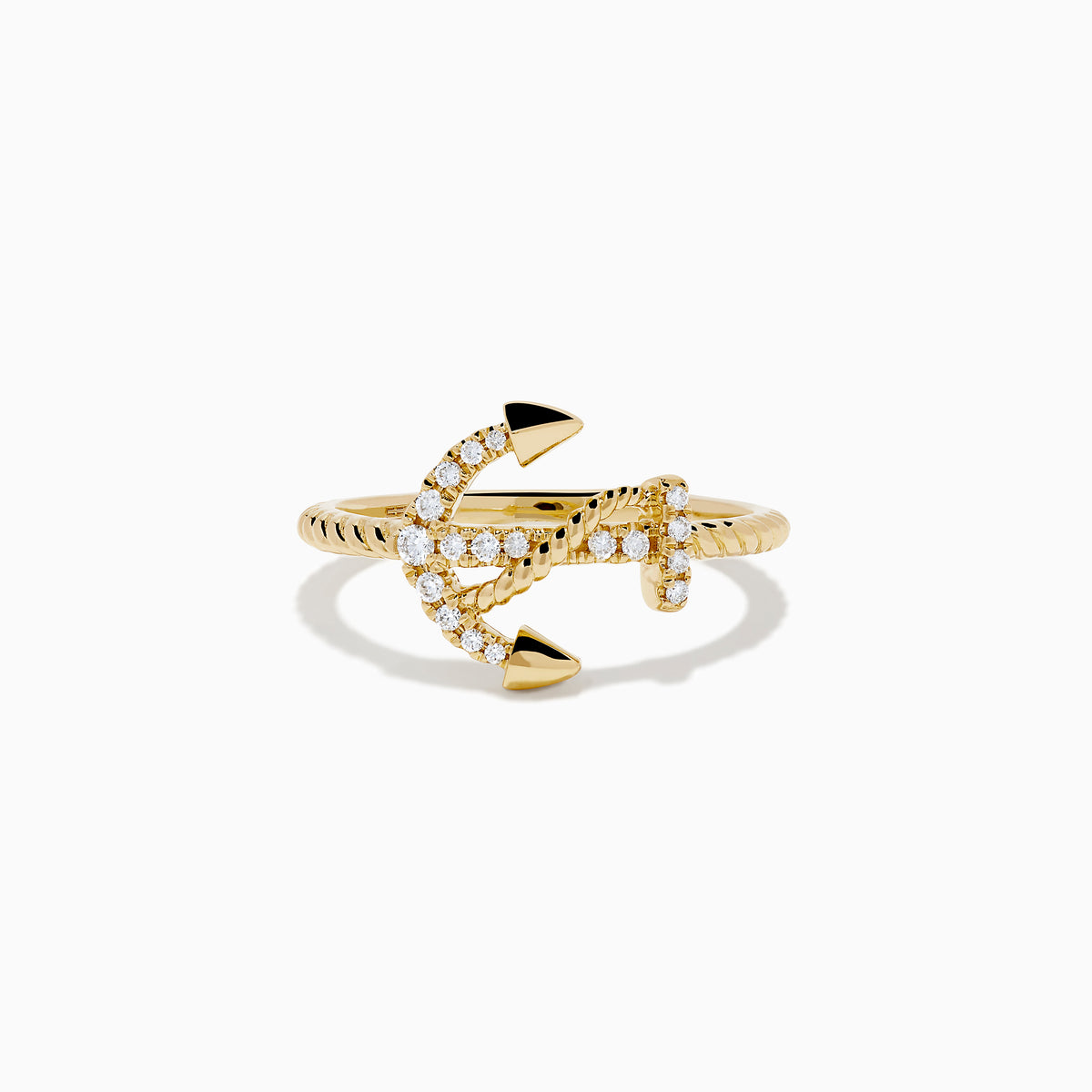 The 14K Yellow Gold Diamond East West Anchor Ring features sparkling diamonds in an east-west setting, crafted in yellow gold and showcased on a plain white background.