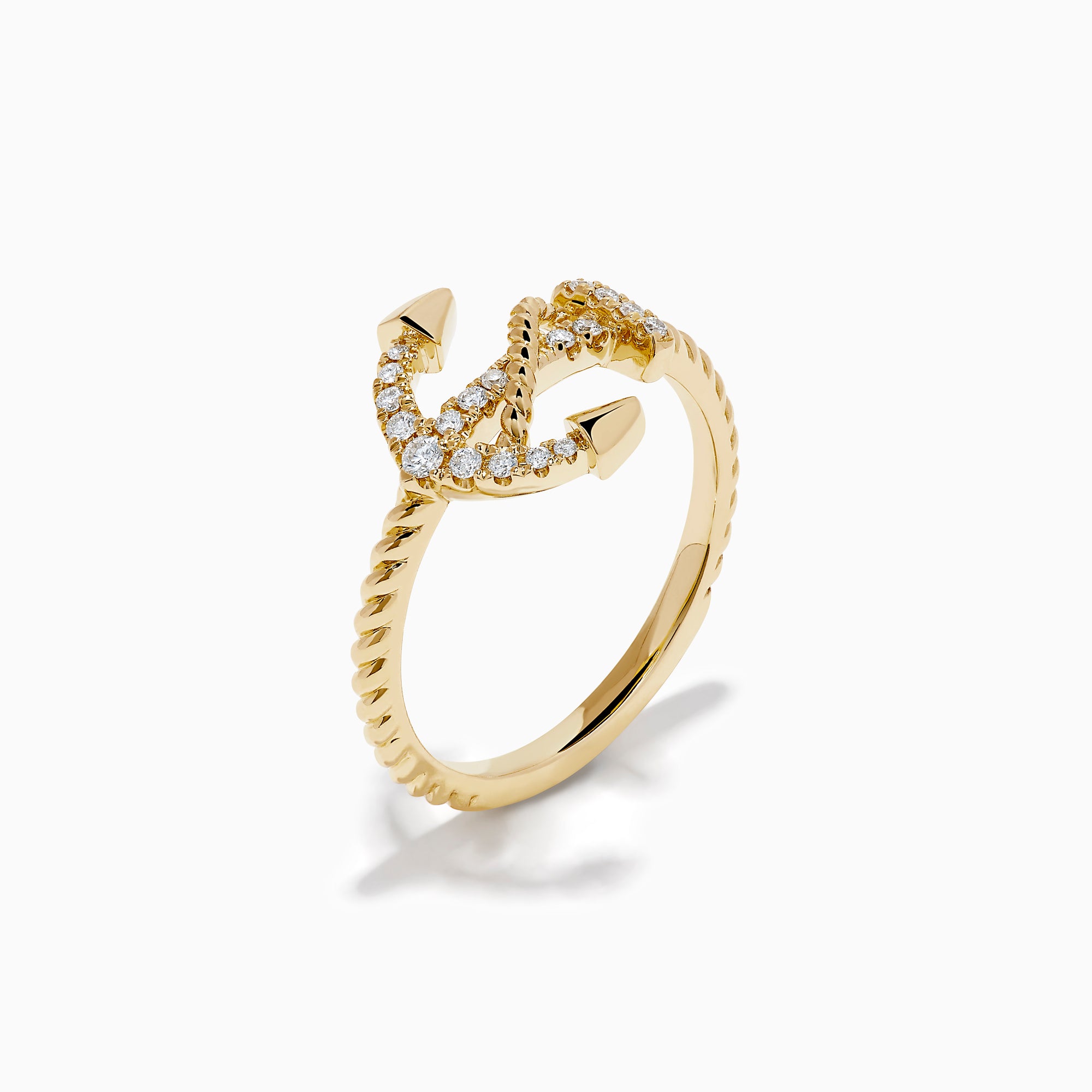 The 14K Yellow Gold Diamond East West Anchor Ring features sparkling diamonds in an east-west setting, crafted in yellow gold and showcased on a plain white background.