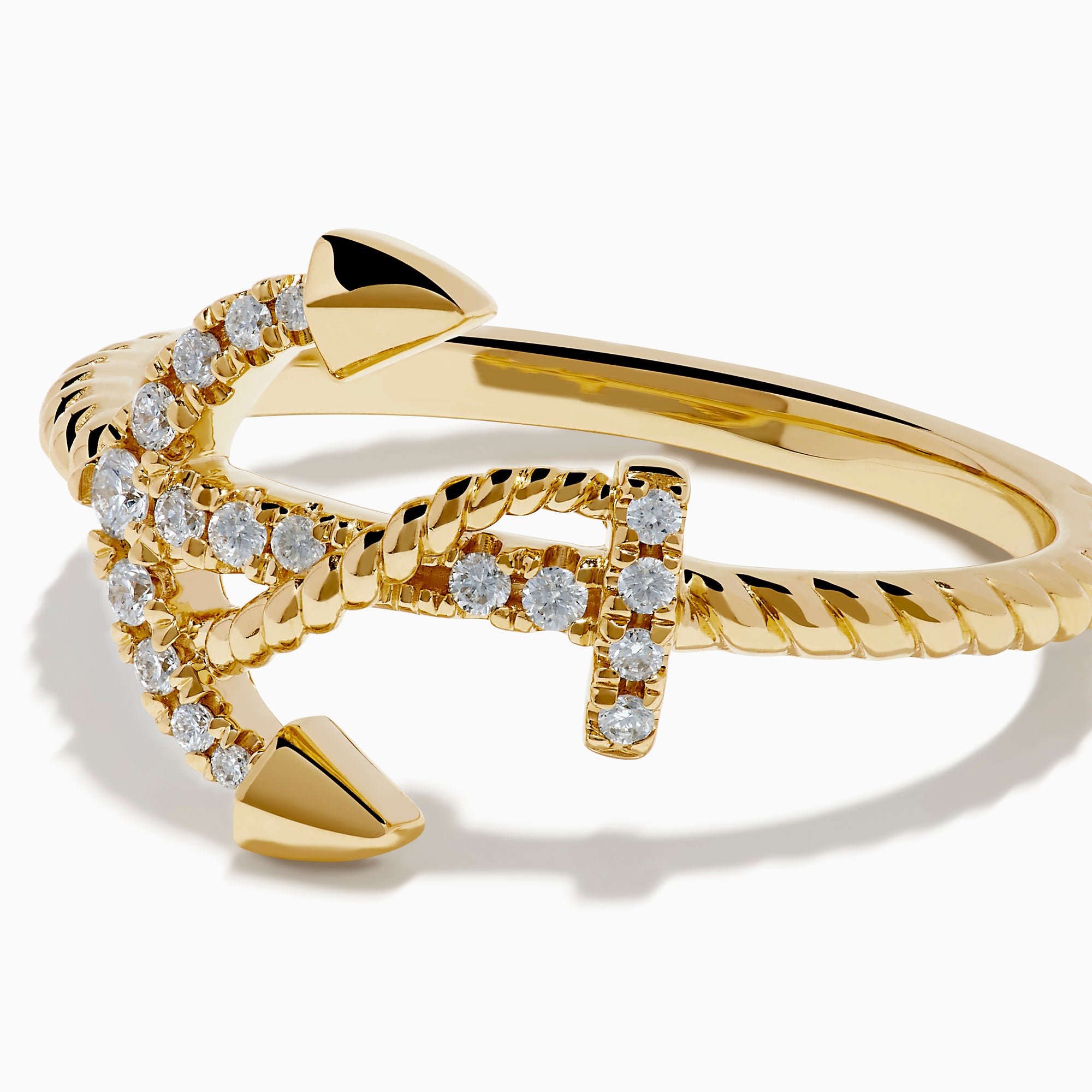 The 14K Yellow Gold Diamond East West Anchor Ring features sparkling diamonds in an east-west setting, crafted in yellow gold and showcased on a plain white background.