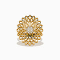 The 14K Yellow Gold Diamond Filigree Sunburst Statement Ring showcases a layered floral design with central sparkling diamonds, capturing the look of a blooming sunburst flower.
