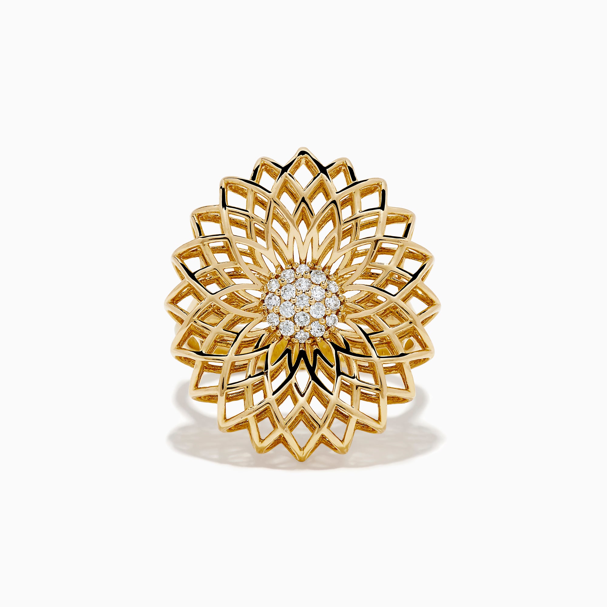 The 14K Yellow Gold Diamond Filigree Sunburst Statement Ring showcases a layered floral design with central sparkling diamonds, capturing the look of a blooming sunburst flower.