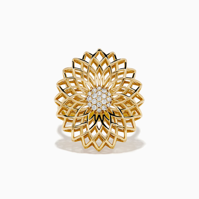 The 14K Yellow Gold Diamond Filigree Sunburst Statement Ring showcases a layered floral design with central sparkling diamonds, capturing the look of a blooming sunburst flower.
