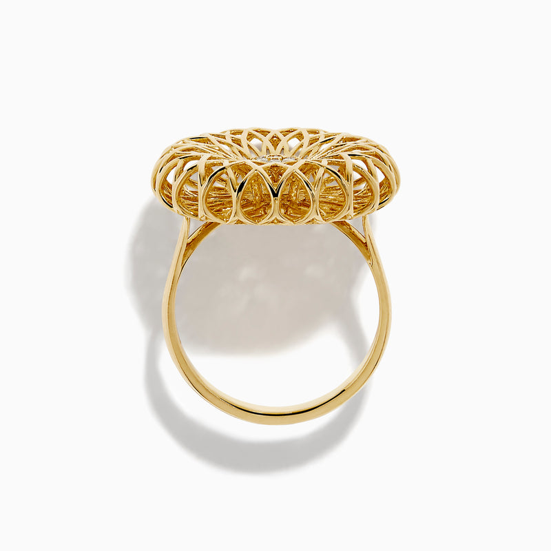 The 14K Yellow Gold Diamond Filigree Sunburst Statement Ring showcases a layered floral design with central sparkling diamonds, capturing the look of a blooming sunburst flower.
