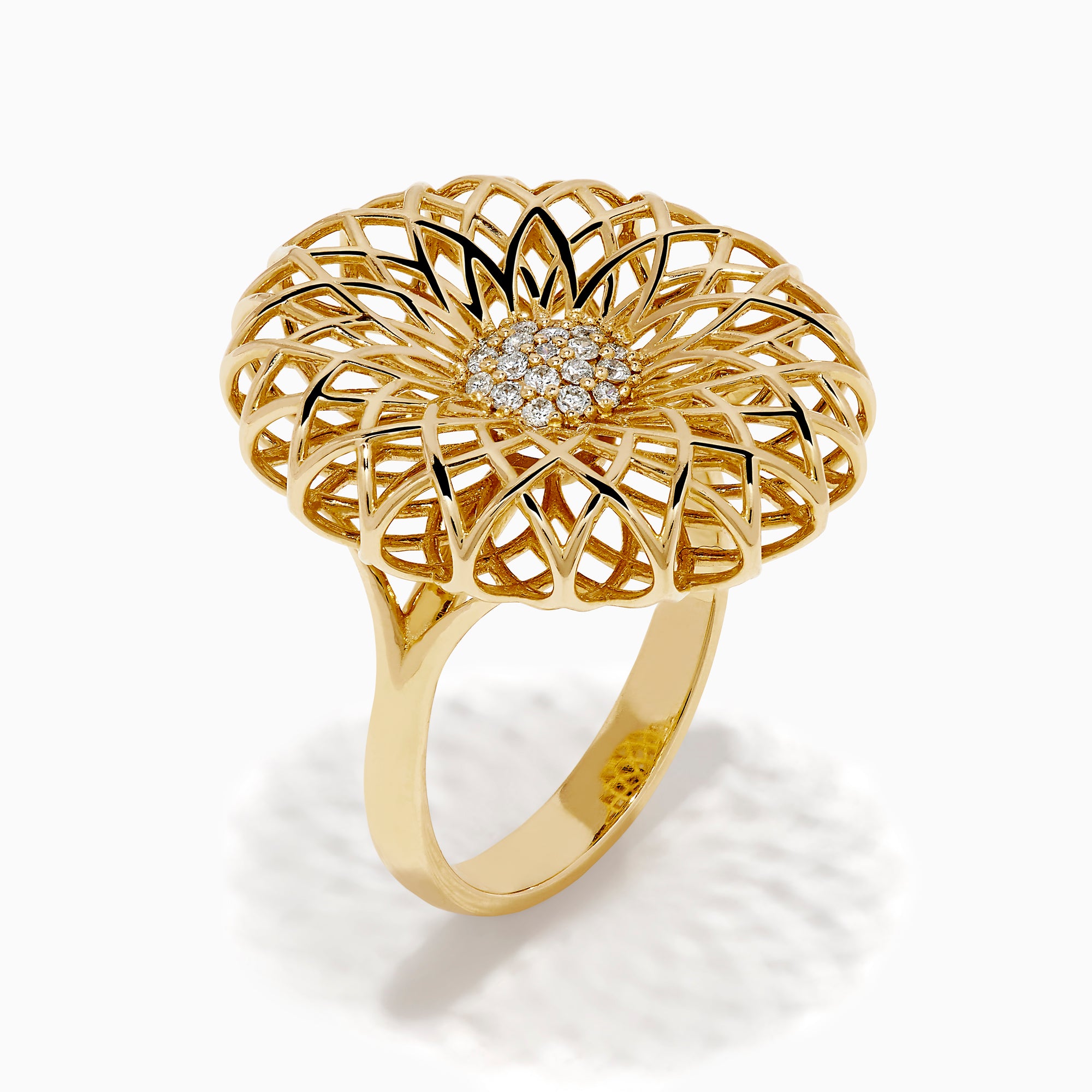 The 14K Yellow Gold Diamond Filigree Sunburst Statement Ring showcases a layered floral design with central sparkling diamonds, capturing the look of a blooming sunburst flower.