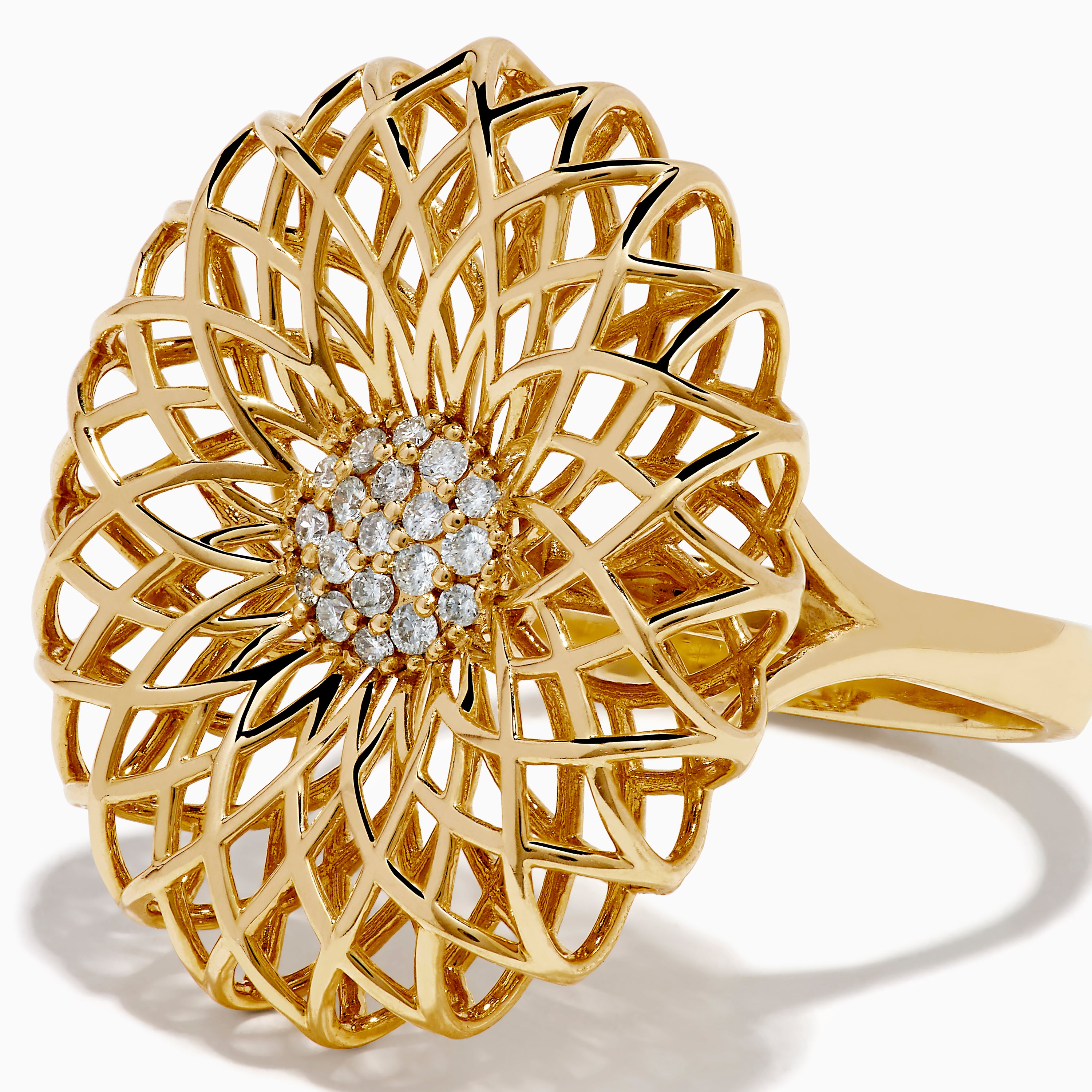 The 14K Yellow Gold Diamond Filigree Sunburst Statement Ring showcases a layered floral design with central sparkling diamonds, capturing the look of a blooming sunburst flower.