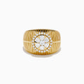The 14K Yellow Gold Bouquet Diamond Dome Ring features a wide, textured band and a central diamond flower cluster encircled by smaller diamonds.