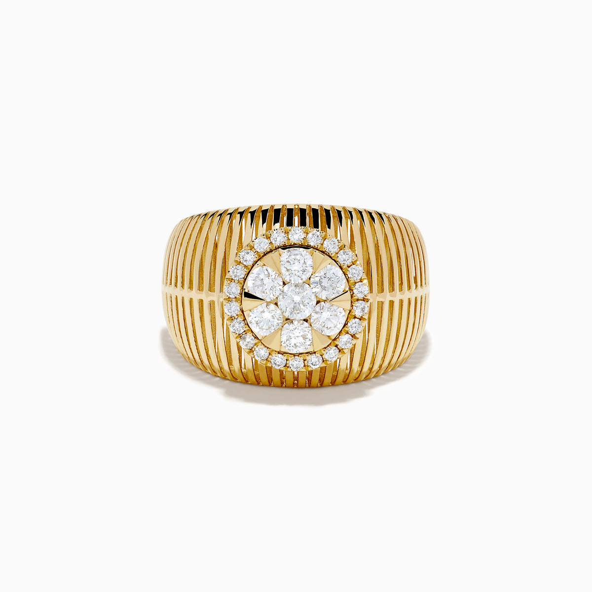 The 14K Yellow Gold Bouquet Diamond Dome Ring features a wide, textured band and a central diamond flower cluster encircled by smaller diamonds.