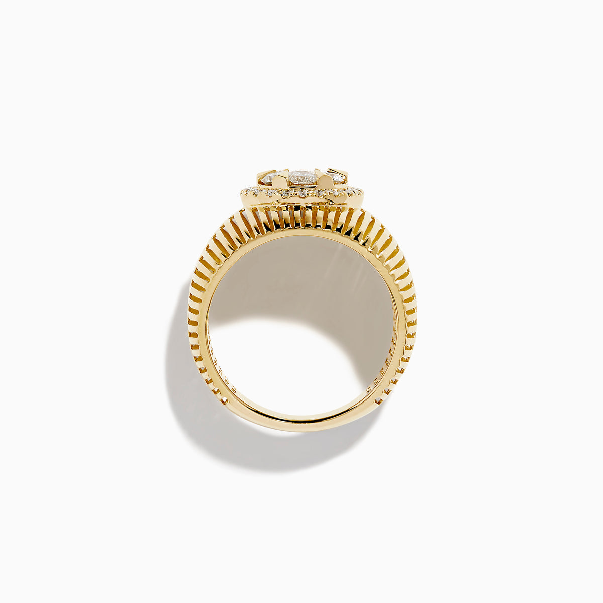 The 14K Yellow Gold Bouquet Diamond Dome Ring features a wide, textured band and a central diamond flower cluster encircled by smaller diamonds.