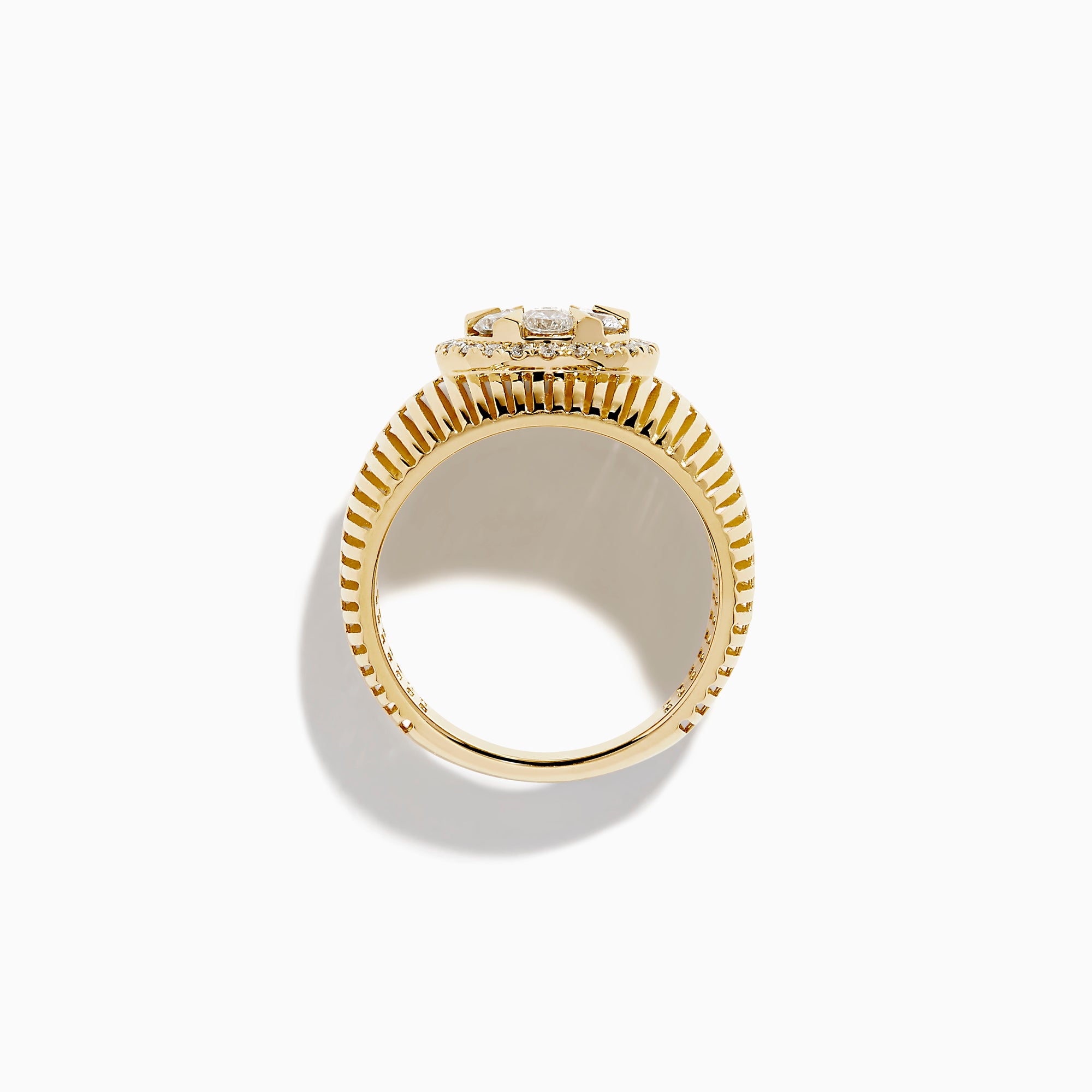 The 14K Yellow Gold Bouquet Diamond Dome Ring features a wide, textured band and a central diamond flower cluster encircled by smaller diamonds.