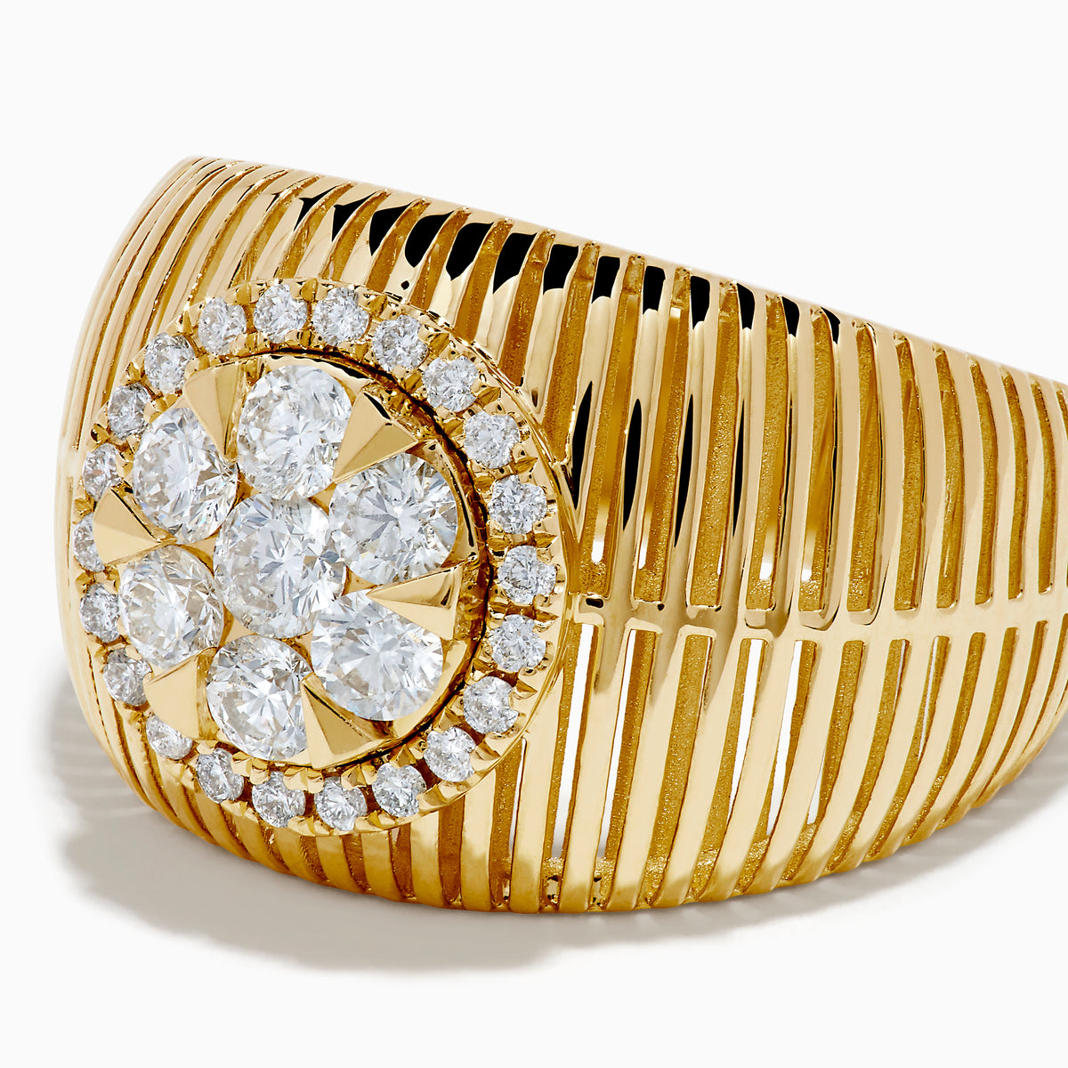 The 14K Yellow Gold Bouquet Diamond Dome Ring features a wide, textured band and a central diamond flower cluster encircled by smaller diamonds.
