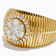 The 14K Yellow Gold Bouquet Diamond Dome Ring features a wide, textured band and a central diamond flower cluster encircled by smaller diamonds.