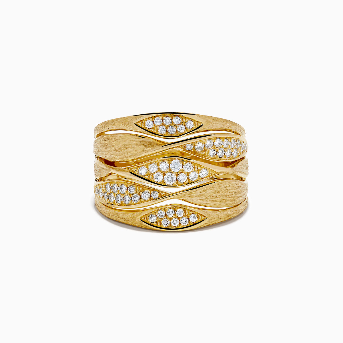 The 14K Yellow Gold and Diamond Textured Multiband Wave Statement Ring features a wavy, layered design with multiple rows of small round white diamonds set in marquise-shaped patterns.