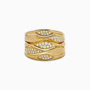 The 14K Yellow Gold and Diamond Textured Multiband Wave Statement Ring features a wavy, layered design with multiple rows of small round white diamonds set in marquise-shaped patterns.