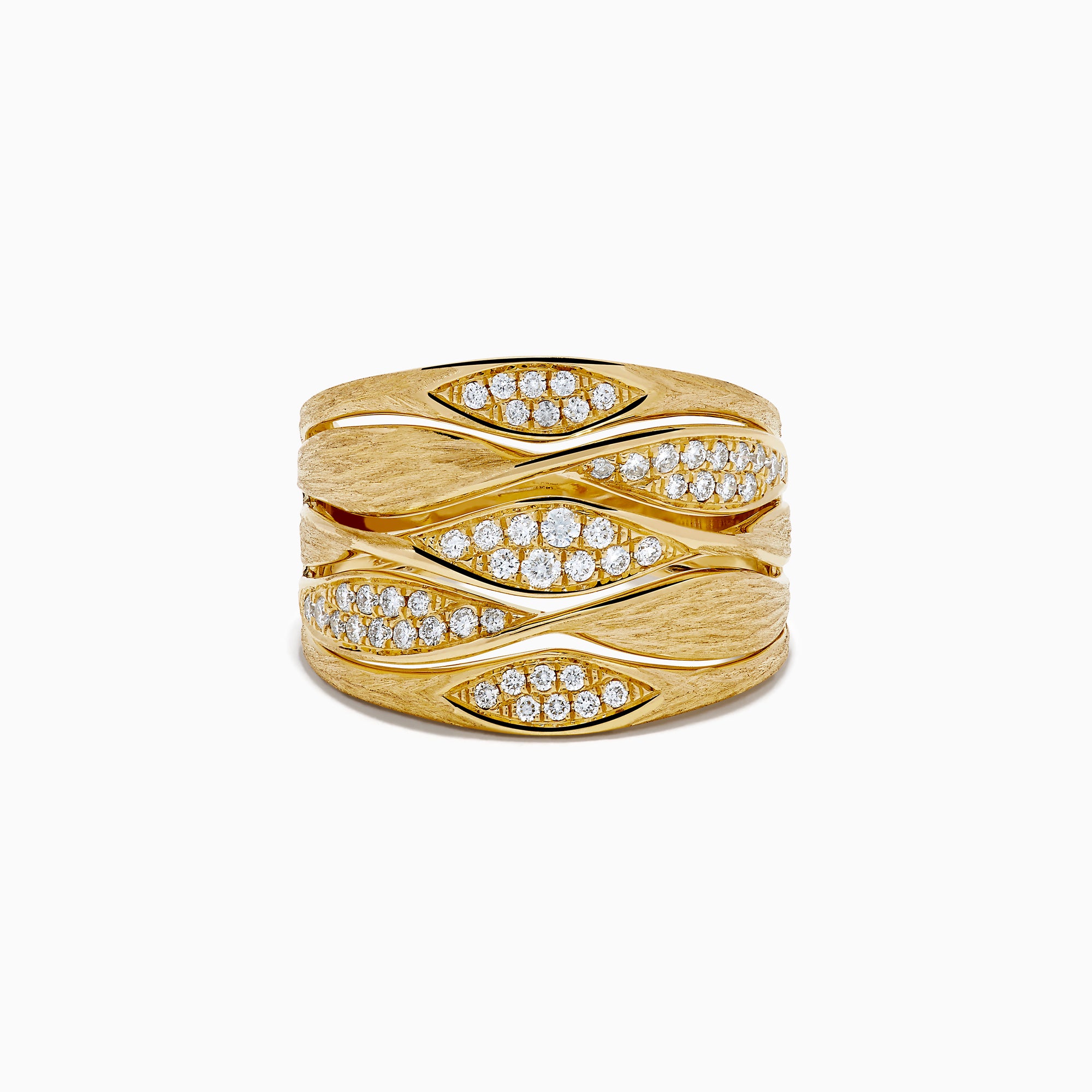 The 14K Yellow Gold and Diamond Textured Multiband Wave Statement Ring features a wavy, layered design with multiple rows of small round white diamonds set in marquise-shaped patterns.