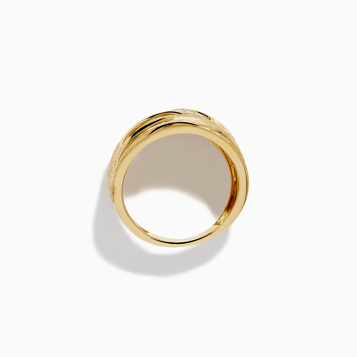 The 14K Yellow Gold and Diamond Textured Multiband Wave Statement Ring features a wavy, layered design with multiple rows of small round white diamonds set in marquise-shaped patterns.