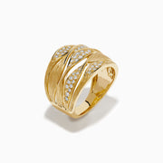The 14K Yellow Gold and Diamond Textured Multiband Wave Statement Ring features a wavy, layered design with multiple rows of small round white diamonds set in marquise-shaped patterns.