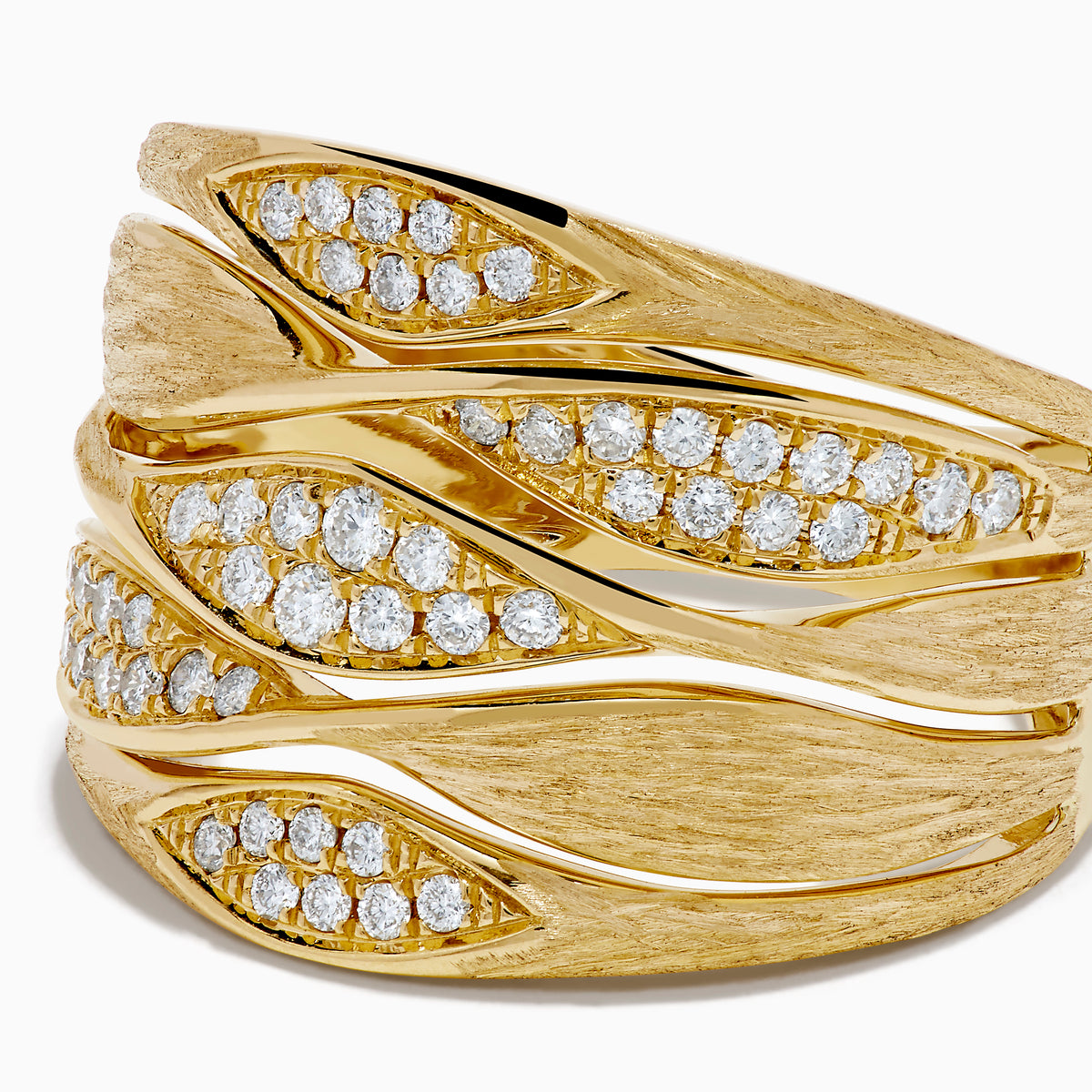 The 14K Yellow Gold and Diamond Textured Multiband Wave Statement Ring features a wavy, layered design with multiple rows of small round white diamonds set in marquise-shaped patterns.