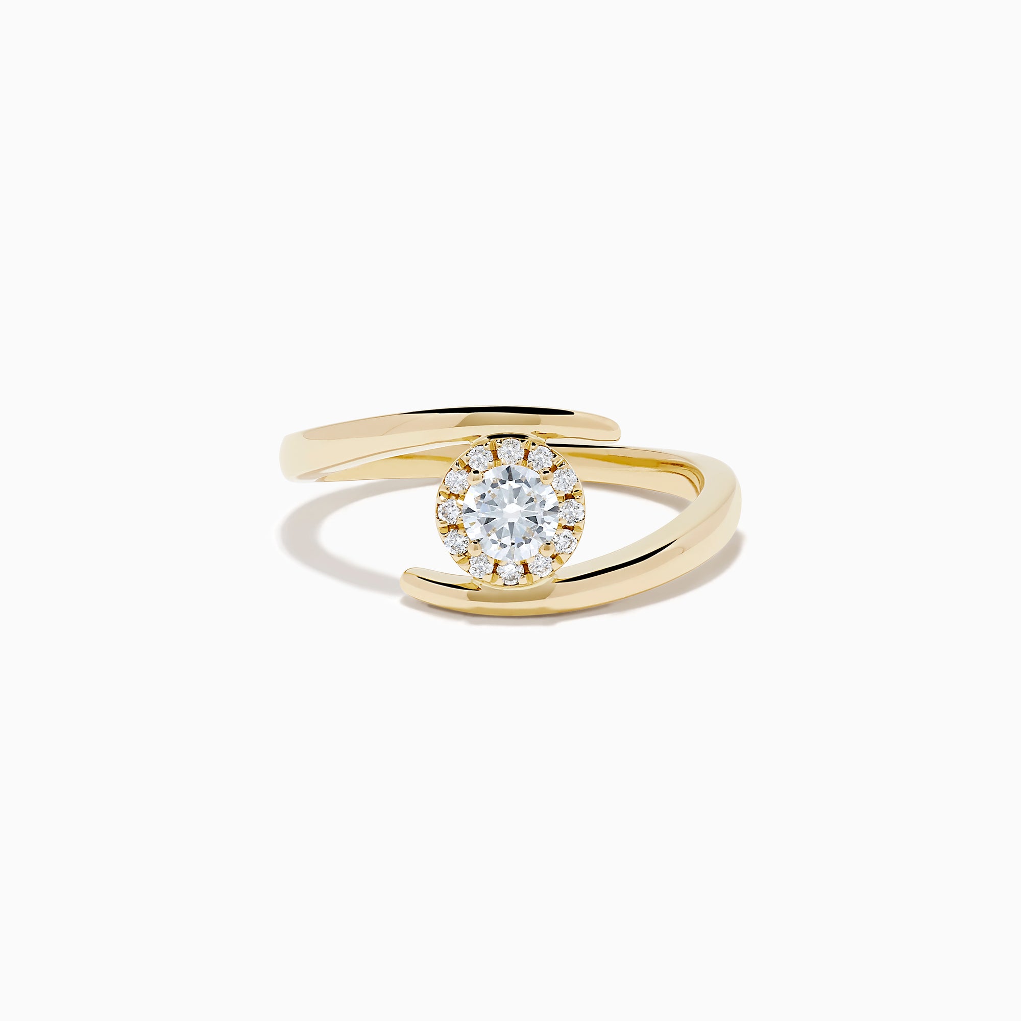 The 14K Yellow Gold Channel Set Diamond Bouquet Ring features a central round-cut diamond and channel set diamonds in a halo on an open band, shown on a white background.