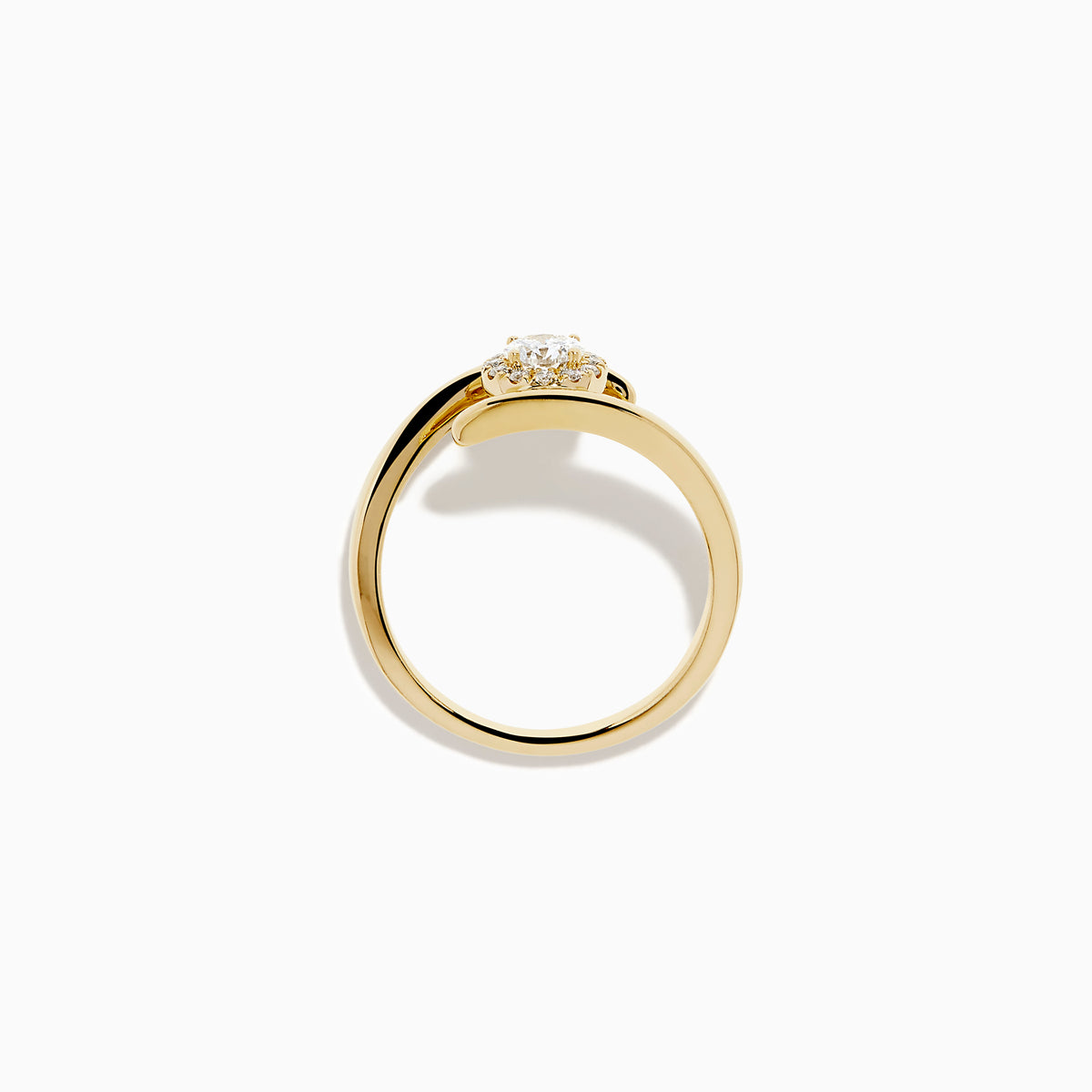 The 14K Yellow Gold Channel Set Diamond Bouquet Ring features a central round-cut diamond and channel set diamonds in a halo on an open band, shown on a white background.