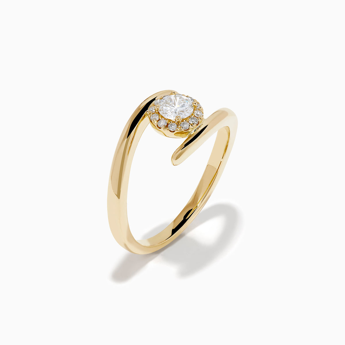The 14K Yellow Gold Channel Set Diamond Bouquet Ring features a central round-cut diamond and channel set diamonds in a halo on an open band, shown on a white background.