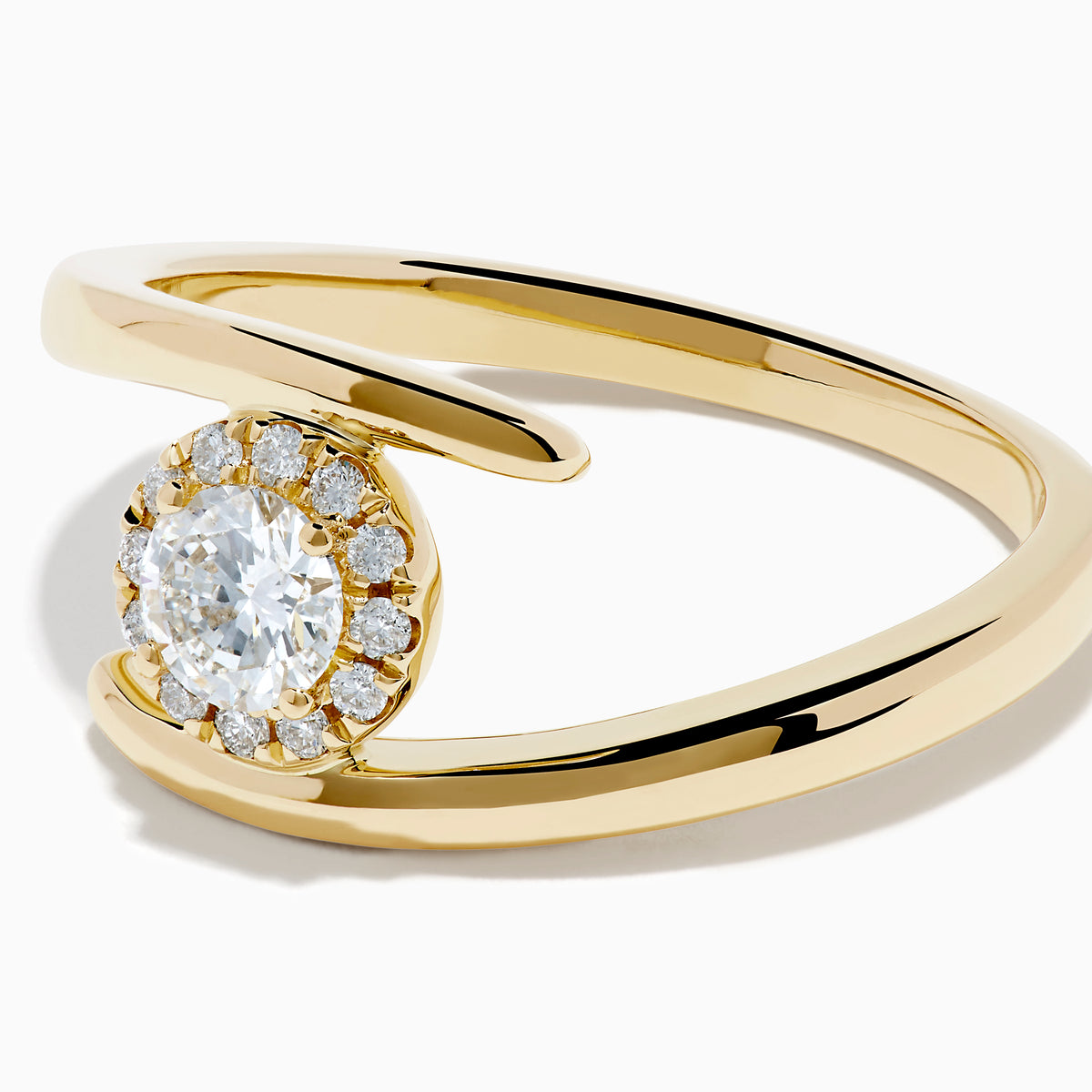 The 14K Yellow Gold Channel Set Diamond Bouquet Ring features a central round-cut diamond and channel set diamonds in a halo on an open band, shown on a white background.