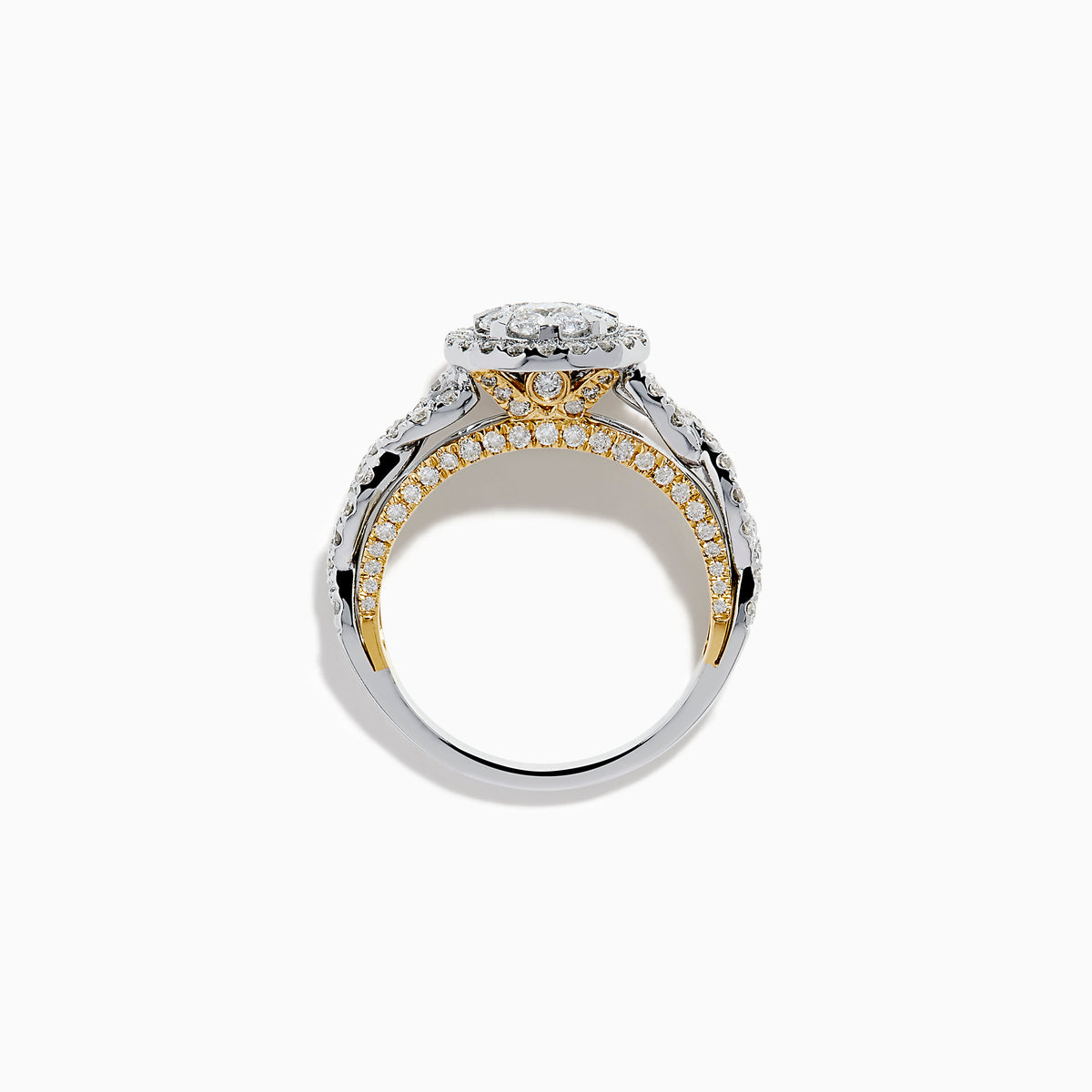 The 14K Two Tone Gold Diamond Cluster Engagement Ring features a central round diamond cluster, surrounded by a halo of smaller diamonds on an intricately designed band embellished with more diamonds.