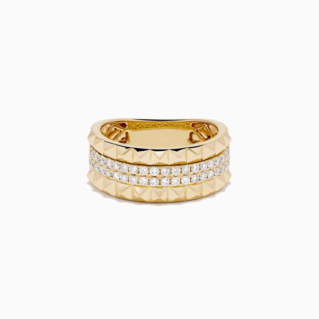 The 14K Yellow Gold Studded Diamond Band features a wide band with a geometric pyramid design and two horizontal rows of small round diamonds set in the center.