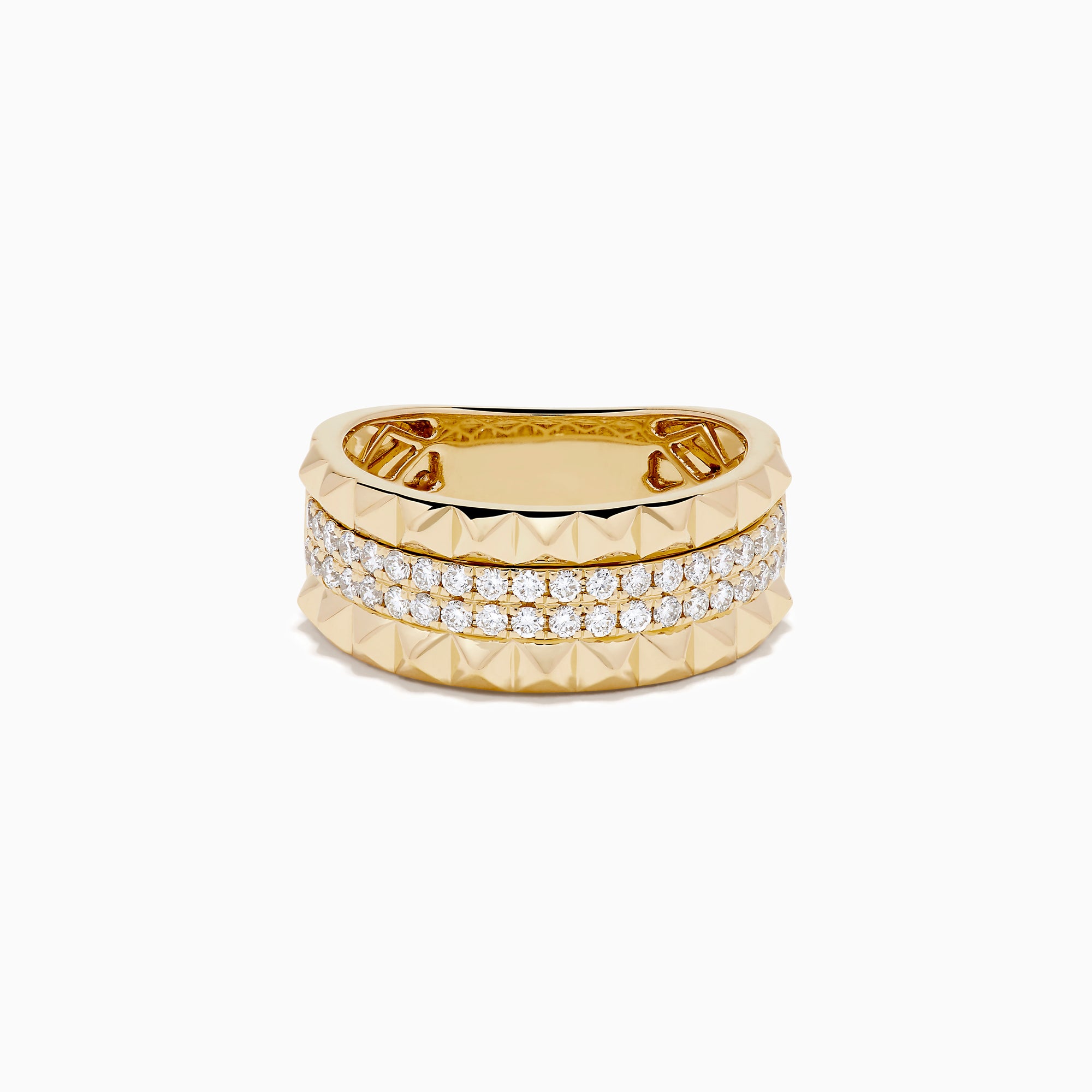 The 14K Yellow Gold Studded Diamond Band features a wide band with a geometric pyramid design and two horizontal rows of small round diamonds set in the center.