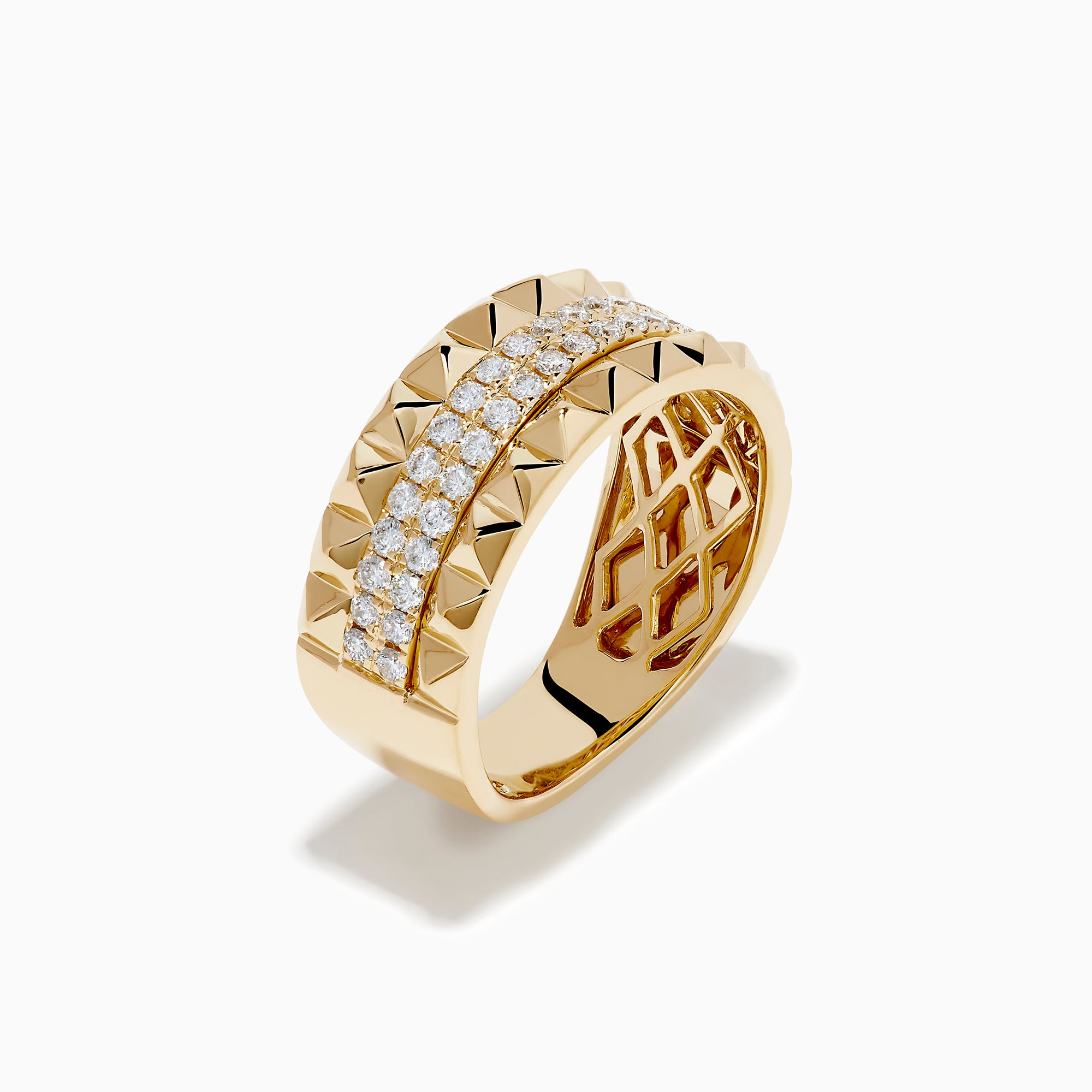 The 14K Yellow Gold Studded Diamond Band features a wide band with a geometric pyramid design and two horizontal rows of small round diamonds set in the center.