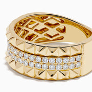 The 14K Yellow Gold Studded Diamond Band features a wide band with a geometric pyramid design and two horizontal rows of small round diamonds set in the center.
