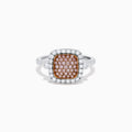 The 14K Two Tone Gold Pave Pink and White Diamond Halo Ring features a square center cluster of pink stones, bordered by white diamonds on a two-tone gold band, displayed against a white background.