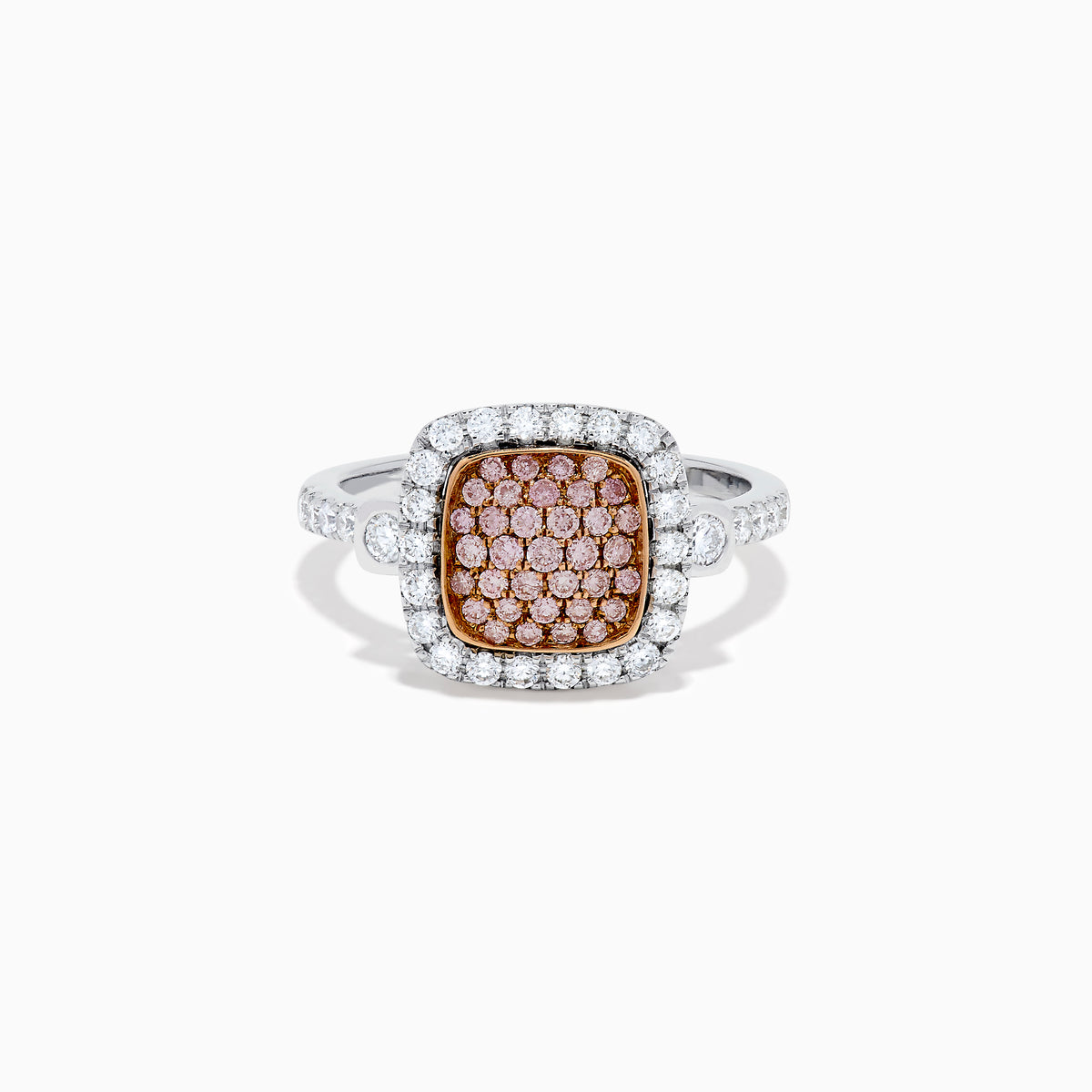 The 14K Two Tone Gold Pave Pink and White Diamond Halo Ring features a square center cluster of pink stones, bordered by white diamonds on a two-tone gold band, displayed against a white background.