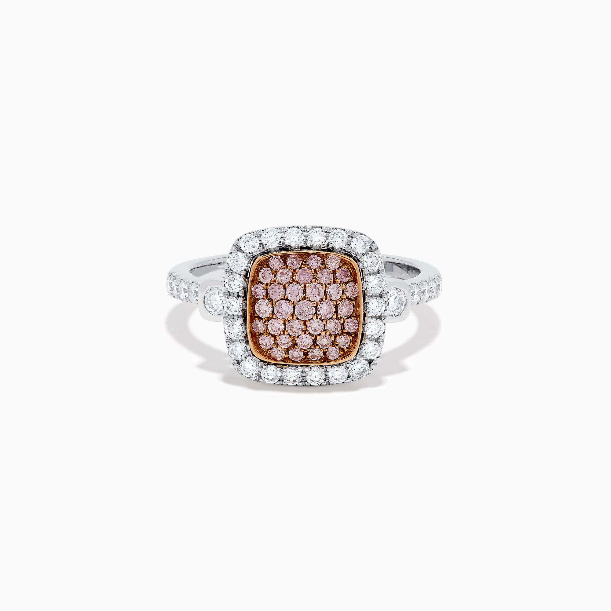 The 14K Two Tone Gold Pave Pink and White Diamond Halo Ring features a square center cluster of pink stones, bordered by white diamonds on a two-tone gold band, displayed against a white background.