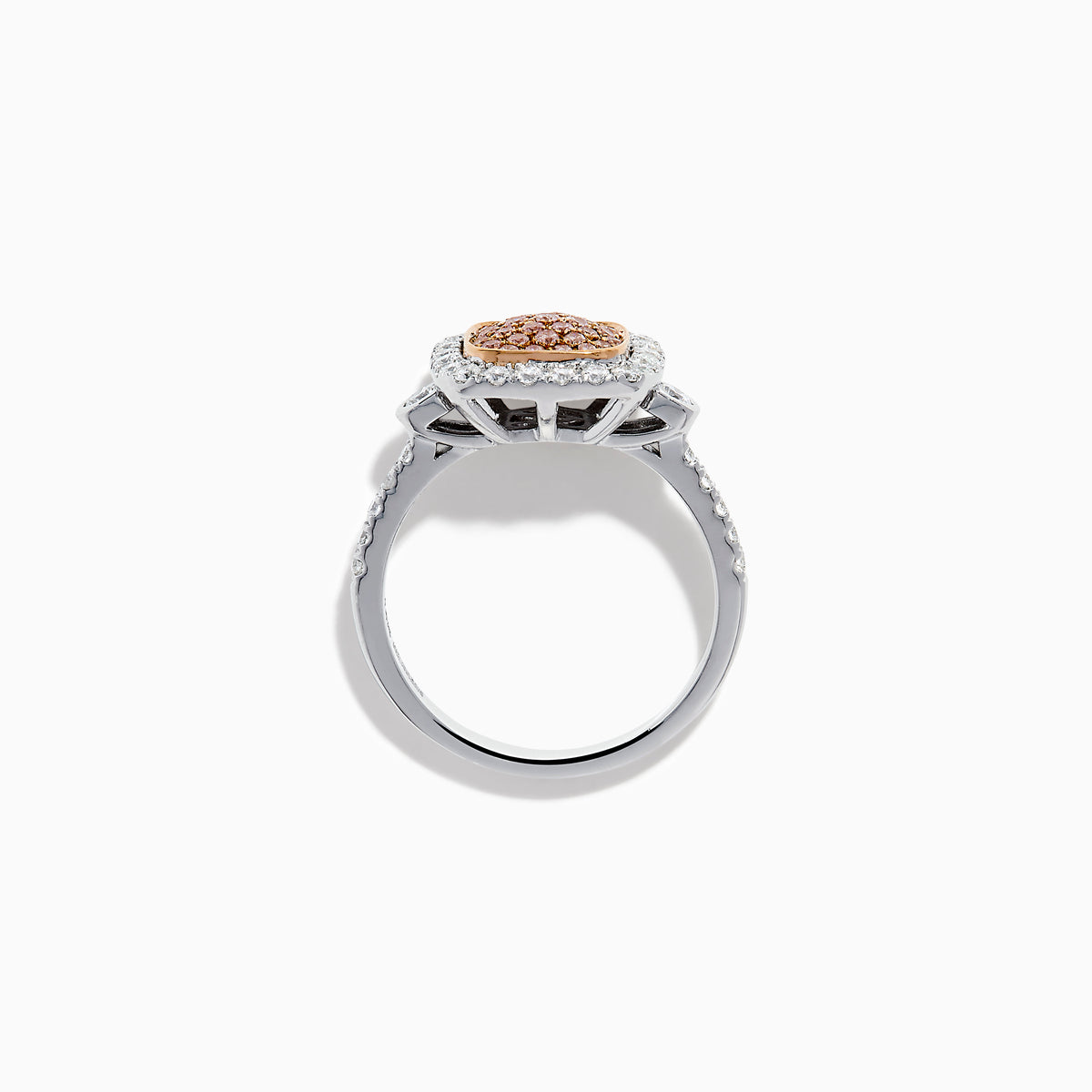 The 14K Two Tone Gold Pave Pink and White Diamond Halo Ring features a square center cluster of pink stones, bordered by white diamonds on a two-tone gold band, displayed against a white background.
