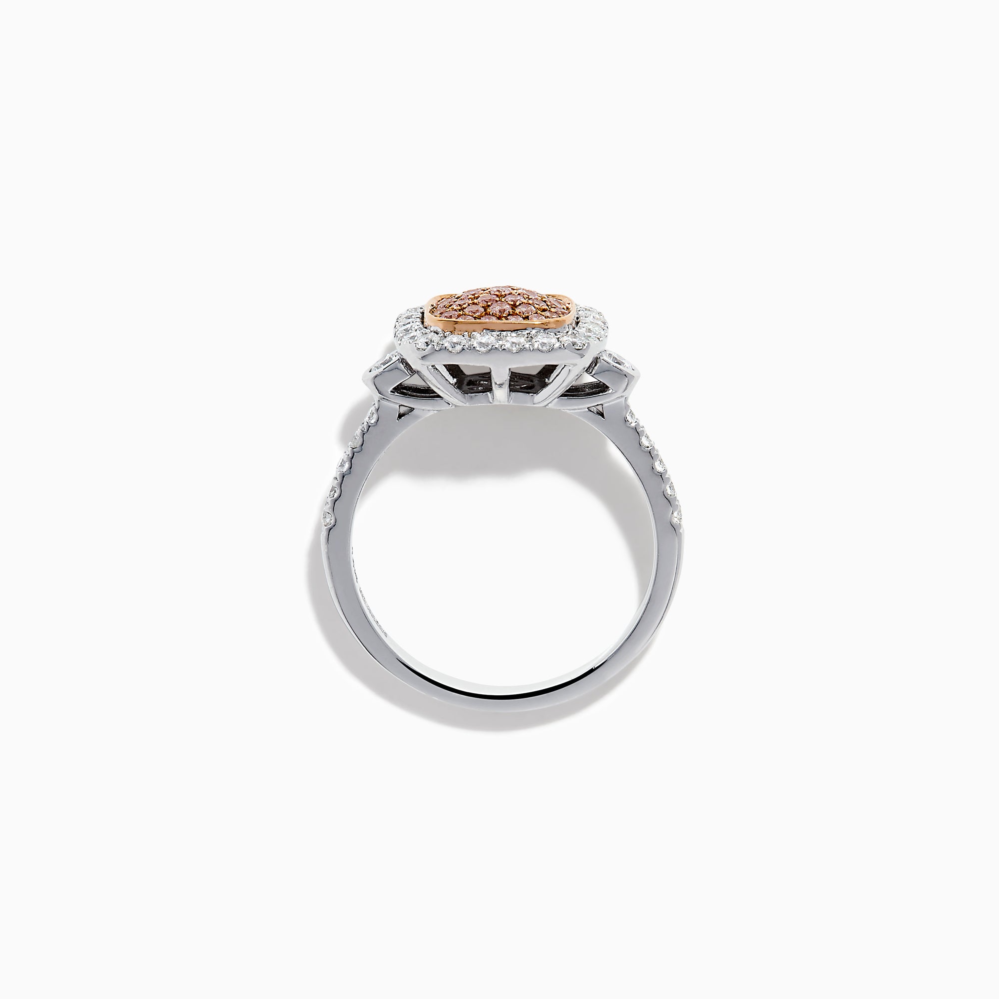 The 14K Two Tone Gold Pave Pink and White Diamond Halo Ring features a square center cluster of pink stones, bordered by white diamonds on a two-tone gold band, displayed against a white background.