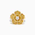 The 14K Yellow Gold Diamond Sculpted Flower Ring features five textured petals and a sparkling round diamond at the center, displayed on a white background.