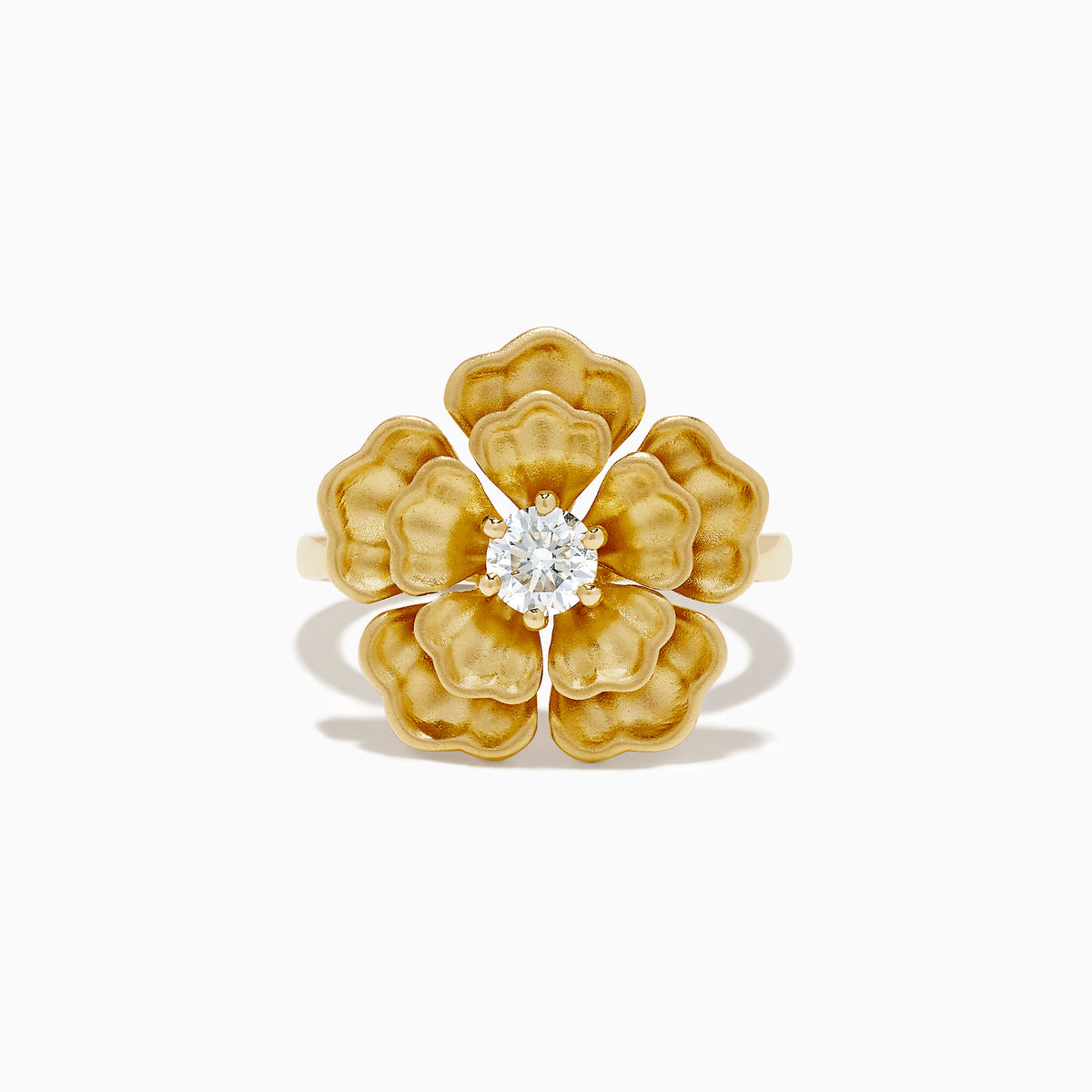 The 14K Yellow Gold Diamond Sculpted Flower Ring features five textured petals and a sparkling round diamond at the center, displayed on a white background.