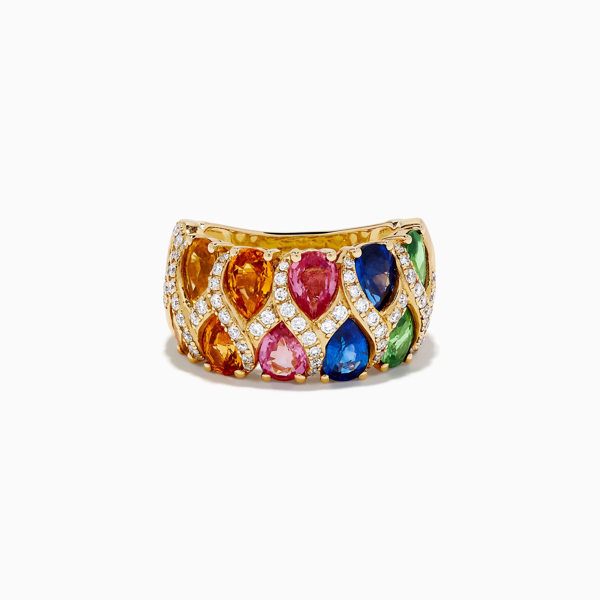 The 14K Yellow Gold Multi Sapphire and Diamond Tapestry Ring features pear-shaped orange, pink, blue, and green sapphires set in rows with diamond-accented crisscross lines for a vibrant look.
