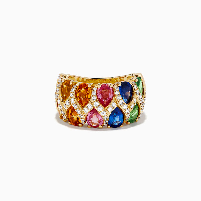 The 14K Yellow Gold Multi Sapphire and Diamond Tapestry Ring features pear-shaped orange, pink, blue, and green sapphires set in rows with diamond-accented crisscross lines for a vibrant look.