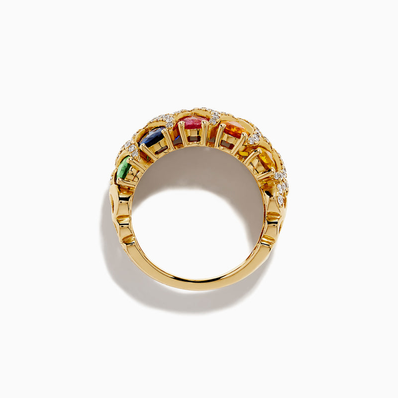 The 14K Yellow Gold Multi Sapphire and Diamond Tapestry Ring features pear-shaped orange, pink, blue, and green sapphires set in rows with diamond-accented crisscross lines for a vibrant look.