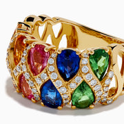 The 14K Yellow Gold Multi Sapphire and Diamond Tapestry Ring features pear-shaped orange, pink, blue, and green sapphires set in rows with diamond-accented crisscross lines for a vibrant look.