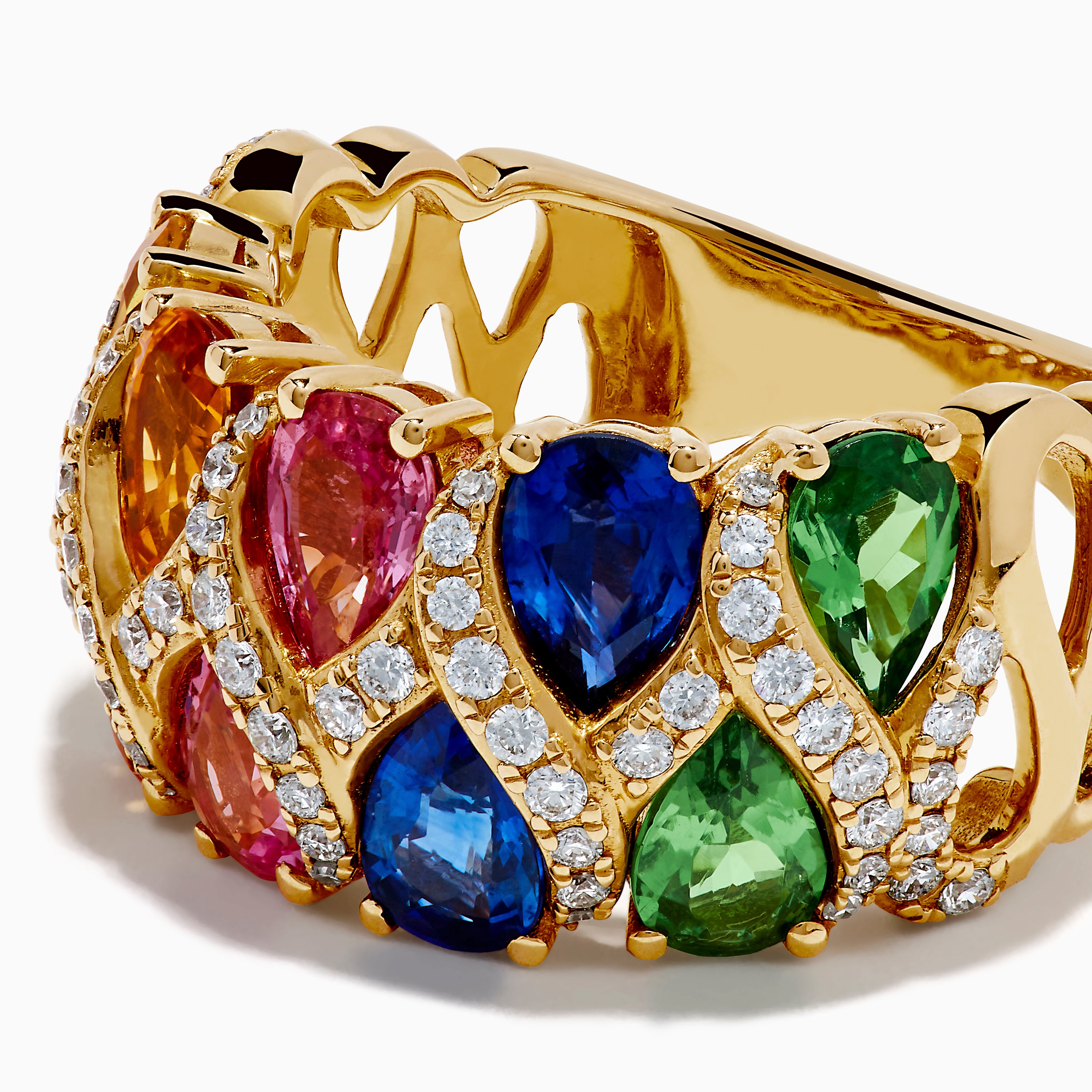 The 14K Yellow Gold Multi Sapphire and Diamond Tapestry Ring features pear-shaped orange, pink, blue, and green sapphires set in rows with diamond-accented crisscross lines for a vibrant look.